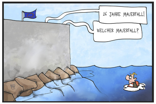 Cartoon: 26 Jahre Mauerfall (medium) by Kostas Koufogiorgos tagged karikatur,koufogiorgos,illustration,cartoon,mauerfall,november,flüchtlingskrise,mauer,eu,europa,wasser,meer,ertrinken,mittelmeer,geschichte,ddr,berlin,karikatur,koufogiorgos,illustration,cartoon,mauerfall,november,flüchtlingskrise,mauer,eu,europa,wasser,meer,ertrinken,mittelmeer,geschichte,ddr,berlin