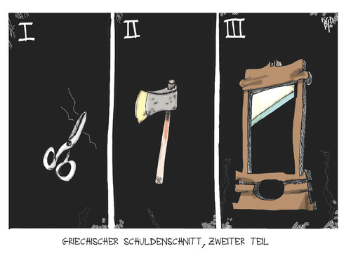 Cartoon: 2. Schuldenschnitt (medium) by Kostas Koufogiorgos tagged troika,griechenland,schnitt,schulden,euro,krise,schere,beil,guillotine,europa,eu,karikatur,kostas,koufogiorgos,troika,griechenland,schnitt,schulden,euro,krise,schere,beil,guillotine,europa,eu,karikatur,kostas,koufogiorgos