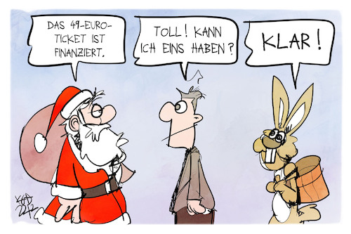 Cartoon: 49-Euro-Ticket (medium) by Kostas Koufogiorgos tagged karikatur,koufogiorgos,ticket,weihnachtsmann,osterhase,geschenk,bahn,oepnv,karikatur,koufogiorgos,ticket,weihnachtsmann,osterhase,geschenk,bahn,oepnv