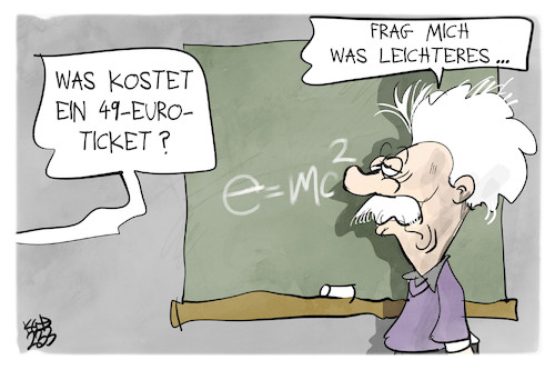 Cartoon: 49-Euro-Ticket (medium) by Kostas Koufogiorgos tagged karikatur,koufogiorgos,49,euro,ticket,einstein,formel,mathe,rechnen,bahn,karikatur,koufogiorgos,49,euro,ticket,einstein,formel,mathe,rechnen,bahn