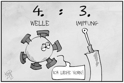 Cartoon: 4. Welle vs. 3. Impfung (medium) by Kostas Koufogiorgos tagged karikatur,koufogiorgos,illustration,cartoon,corona,virus,pandemie,impfung,spritze,duell,karikatur,koufogiorgos,illustration,cartoon,corona,virus,pandemie,impfung,spritze,duell