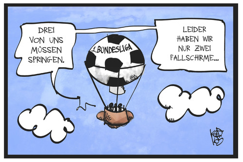 Cartoon: Abstiegskampf (medium) by Kostas Koufogiorgos tagged karikatur,koufogiorgos,illustration,cartoon,bundesliga,ballon,abstieg,abstiegskampf,fussball,sport,fallschirm,sprung,rettung,karikatur,koufogiorgos,illustration,cartoon,bundesliga,ballon,abstieg,abstiegskampf,fussball,sport,fallschirm,sprung,rettung