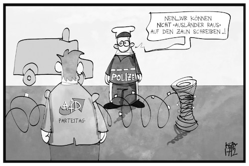 Cartoon: AfD-Parteitag (medium) by Kostas Koufogiorgos tagged karikatur,koufogiorgos,illustration,cartoon,afd,parteitag,polizei,polizeischutz,ausländer,raus,fremdenfeindlichkeit,partei,karikatur,koufogiorgos,illustration,cartoon,afd,parteitag,polizei,polizeischutz,ausländer,raus,fremdenfeindlichkeit,partei