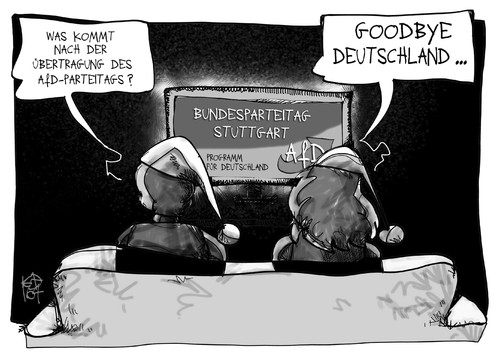 Cartoon: AfD-Parteitag oder Goodbye Deuts (medium) by Kostas Koufogiorgos tagged cartoon,illustration,koufogiorgos,karikatur,afd,parteitag,stuttgart,partei,programm,michel,deutschland,goodbye,fernsehen,fernsehsendung,auswandern,demokratie,politik,karikatur,koufogiorgos,illustration,cartoon,afd,parteitag,stuttgart,partei,programm,michel,deutschland,goodbye,fernsehen,fernsehsendung,auswandern,demokratie,politik