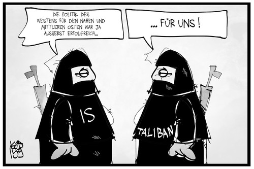 Cartoon: Afghanistan (medium) by Kostas Koufogiorgos tagged karikatur,koufogiorgos,illustration,cartoon,taliban,is,islamischer,staat,terrorismus,osten,nahost,afghanistan,gewalt,extremismus,islamismus,politik,westen,karikatur,koufogiorgos,illustration,cartoon,taliban,is,islamischer,staat,terrorismus,osten,nahost,afghanistan,gewalt,extremismus,islamismus,politik,westen