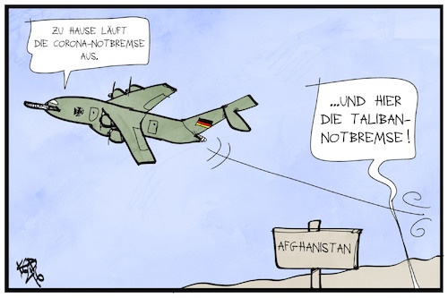 Cartoon: Afghanistan (medium) by Kostas Koufogiorgos tagged karikatur,koufogiorgos,illustration,cartoon,afghanistan,abzug,bundeswehr,flugzeug,taliban,notbremse,karikatur,koufogiorgos,illustration,cartoon,afghanistan,abzug,bundeswehr,flugzeug,taliban,notbremse