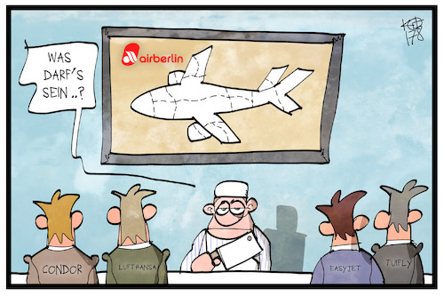 Cartoon: Air Berlin wird aufgeteilt (medium) by Kostas Koufogiorgos tagged karikatur,koufogiorgos,illustration,cartoon,air,berlin,fluggesellschaft,fluglinie,condor,easyjet,tuifly,lufthansa,schlachter,metzger,verkauf,zerschlagung,kunde,wirtschaft,insolvenz,karikatur,koufogiorgos,illustration,cartoon,air,berlin,fluggesellschaft,fluglinie,condor,easyjet,tuifly,lufthansa,schlachter,metzger,verkauf,zerschlagung,kunde,wirtschaft,insolvenz