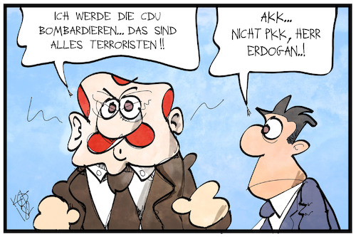 Cartoon: AKK und PKK (medium) by Kostas Koufogiorgos tagged karikatur,koufogiorgos,illustration,cartoon,akk,pkk,verwechslung,tuerkei,erdogan,kurden,konflikt,krieg,cdu,bomben,karikatur,koufogiorgos,illustration,cartoon,akk,pkk,verwechslung,tuerkei,erdogan,kurden,konflikt,krieg,cdu,bomben