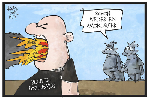 Cartoon: Amokläufer (medium) by Kostas Koufogiorgos tagged karikatur,koufogiorgos,illustration,cartoon,amok,münchen,hass,hetze,lügen,populismus,afd,rechtspopulismus,instrumentalisierung,amokläufer,reaktion,karikatur,koufogiorgos,illustration,cartoon,amok,münchen,hass,hetze,lügen,populismus,afd,rechtspopulismus,instrumentalisierung,amokläufer,reaktion