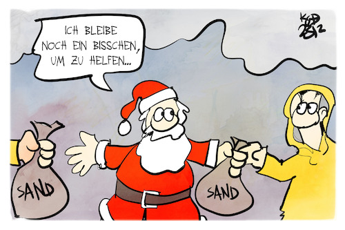 Cartoon: Angespannte Hochwasserlage (medium) by Kostas Koufogiorgos tagged karikatur,koufogiorgos,hochwasser,weihnachtsmann,sandsack,flut,wasser,menschenkette,karikatur,koufogiorgos,hochwasser,weihnachtsmann,sandsack,flut,wasser,menschenkette