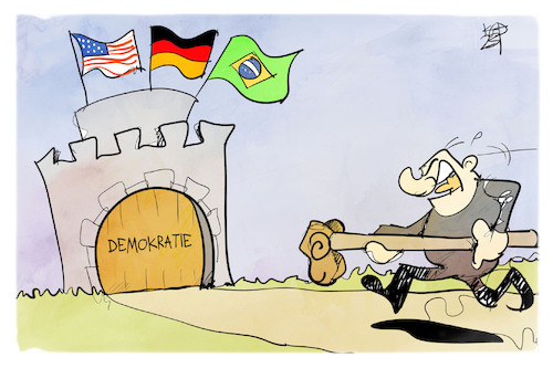 Cartoon: Angriff auf die Demokratie (medium) by Kostas Koufogiorgos tagged karikatur,koufogiorgos,demokratie,brasilien,usa,deutschland,angriff,rammbock,karikatur,koufogiorgos,demokratie,brasilien,usa,deutschland,angriff,rammbock