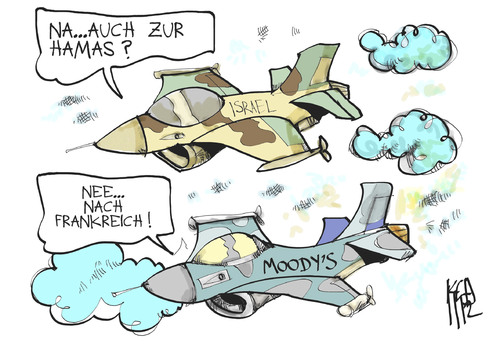 Cartoon: Angriff auf Frankreich (medium) by Kostas Koufogiorgos tagged moody,rating,agentur,frankreich,israel,hamas,krieg,nahost,wirtschaft,aaa,attacke,karikatur,kostas,koufogiorgos,moody,rating,agentur,frankreich,israel,hamas,krieg,nahost,wirtschaft,aaa,attacke,karikatur,kostas,koufogiorgos