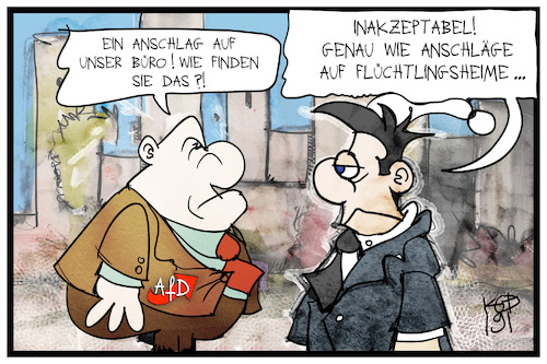 Cartoon: Anschläge (medium) by Kostas Koufogiorgos tagged karikatur,koufogiorgos,illustration,cartoon,afd,anschlag,flüchtlinge,verurteilung,michel,gewalt,vandalismus,politik,partei,karikatur,koufogiorgos,illustration,cartoon,afd,anschlag,flüchtlinge,verurteilung,michel,gewalt,vandalismus,politik,partei