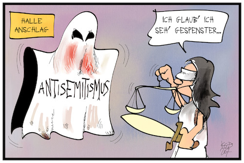 Cartoon: Antisemitismus (medium) by Kostas Koufogiorgos tagged karikatur,koufogiorgos,illustration,cartoon,antisemitismus,geist,gespenst,justitia,blind,sehen,prozess,halle,gericht,karikatur,koufogiorgos,illustration,cartoon,antisemitismus,geist,gespenst,justitia,blind,sehen,prozess,halle,gericht