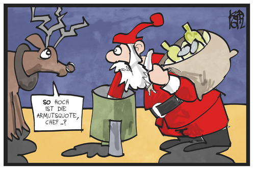 Cartoon: Armutsquote (medium) by Kostas Koufogiorgos tagged karikatur,koufogiorgos,illustration,cartoon,armut,weihnachtsmann,rentier,rudolph,flaschen,sammeln,geld,soziales,pfandflaschen,karikatur,koufogiorgos,illustration,cartoon,armut,weihnachtsmann,rentier,rudolph,flaschen,sammeln,geld,soziales,pfandflaschen