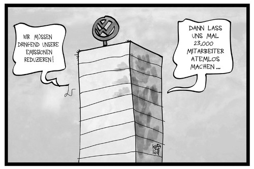 Cartoon: Atemlos bei VW (medium) by Kostas Koufogiorgos tagged karikatur,koufogiorgos,illustration,cartoon,vw,volkswagen,konzern,zentrale,emission,mitarbeiter,entlassung,atemlos,wirtschaft,arbeit,arbeitslos,karikatur,koufogiorgos,illustration,cartoon,vw,volkswagen,konzern,zentrale,emission,mitarbeiter,entlassung,atemlos,wirtschaft,arbeit,arbeitslos