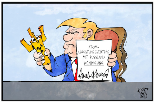 Cartoon: Atom-Abrüstungsverrtrag (medium) by Kostas Koufogiorgos tagged karikatur,koufogiorgos,illustration,cartoon,atom,abrüstung,trump,unterschrift,russland,nuklear,mittelstrecken,waffen,usa,karikatur,koufogiorgos,illustration,cartoon,atom,abrüstung,trump,unterschrift,russland,nuklear,mittelstrecken,waffen,usa