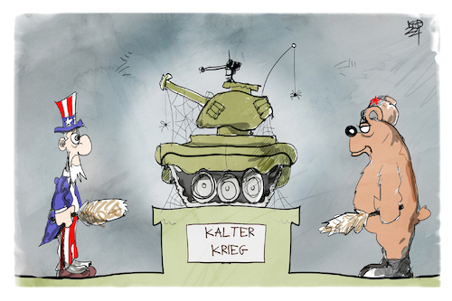 Cartoon: Auf dem Ukraine-Gipfel (medium) by Kostas Koufogiorgos tagged karikatur,koufogiorgos,illustration,cartoon,russland,usa,uncle,sam,nato,bär,kalter,krieg,konflikt,panzer,abstauben,karikatur,koufogiorgos,illustration,cartoon,russland,usa,uncle,sam,nato,bär,kalter,krieg,konflikt,panzer,abstauben