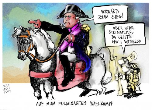 Cartoon: Auf zum fulminanten Wahlkampf! (medium) by Kostas Koufogiorgos tagged spd,wahl,bundestag,steinmeier,kanzler,kanzlerkandidat,programm,napoleon,politik,innenpolitik,karikatur,kostas,koufogiorgos,spd,wahl,wahlen,steinmeier,kanzler,kanzlerkandidat,regierung,bundesregierung,napoleon,politik,innenpolitik,programm,bundestag,wahlkampf