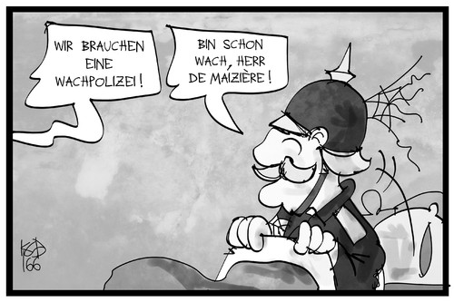 Cartoon: Aufwachen-Polizei! (medium) by Kostas Koufogiorgos tagged karikatur,koufogiorgos,illustration,cartoon,wachpolizei,kaiserzeit,pickelhaube,maiziere,innenpolitik,sicherheit,polizei,schlafen,wach,aufgeweckt,karikatur,koufogiorgos,illustration,cartoon,wachpolizei,kaiserzeit,pickelhaube,maiziere,innenpolitik,sicherheit,polizei,schlafen,wach,aufgeweckt