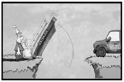 Cartoon: Autobauer (medium) by Kostas Koufogiorgos tagged karikatur,koufogiorgos,illustration,cartoon,autobauer,michel,schranke,vertrauen,wirtschaft,kunde,verbraucher,misstrauen,brücke,karikatur,koufogiorgos,illustration,cartoon,autobauer,michel,schranke,vertrauen,wirtschaft,kunde,verbraucher,misstrauen,brücke