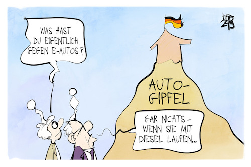 Cartoon: Autogipfel (medium) by Kostas Koufogiorgos tagged karikatur,koufogiorgos,autogipfel,diesel,eauto,mobilität,karikatur,koufogiorgos,autogipfel,diesel,eauto,mobilität