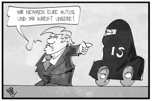 Cartoon: Autotausch (medium) by Kostas Koufogiorgos tagged karikatur,illustration,cartoon,koufogiorgos,strafzölle,autos,is,tausch,burka,trump,terrorismus,sicherheit,karikatur,illustration,cartoon,koufogiorgos,strafzölle,autos,is,tausch,burka,trump,terrorismus,sicherheit