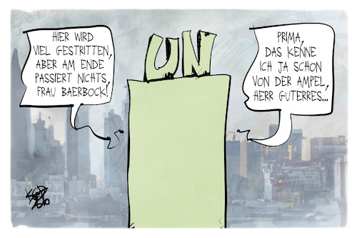 Cartoon: Baerbock bei der UN (medium) by Kostas Koufogiorgos tagged karikatur,koufogiorgos,baerbock,guterres,un,job,ampel,new,york,karikatur,koufogiorgos,baerbock,guterres,un,job,ampel,new,york