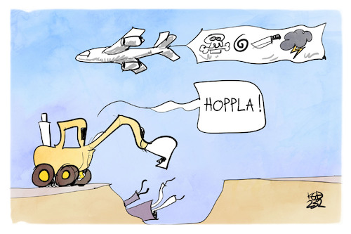 Cartoon: Bagger vs. Flugzeug (medium) by Kostas Koufogiorgos tagged ein,bagger,legt,den,flugbetrieb,lahm,ein,bagger,legt,den,flugbetrieb,lahm