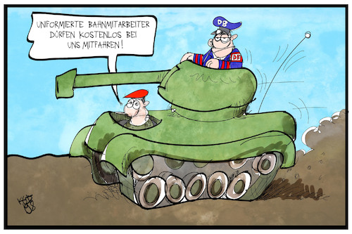 Cartoon: Bahn und Bundeswehr (medium) by Kostas Koufogiorgos tagged karikatur,koufogiorgos,illustration,cartoon,bahn,bundeswehr,soldat,panzer,mobilität,mitarbeiter,lokführer,militär,karikatur,koufogiorgos,illustration,cartoon,bahn,bundeswehr,soldat,panzer,mobilität,mitarbeiter,lokführer,militär