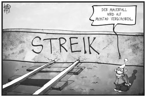 Cartoon: Bahnstreik (medium) by Kostas Koufogiorgos tagged karikatur,koufogiorgos,illustration,cartoon,bahn,streik,gdl,mauer,gleise,schiene,mauerfall,arbeitskampf,lokführer,karikatur,koufogiorgos,illustration,cartoon,bahn,streik,gdl,mauer,gleise,schiene,mauerfall,arbeitskampf,lokführer