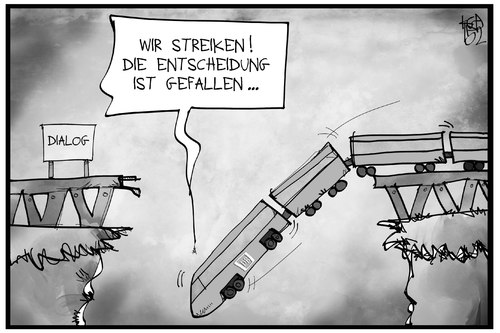 Cartoon: Bahnstreik (medium) by Kostas Koufogiorgos tagged karikatur,koufogiorgos,illustration,cartoon,bahn,streik,zug,abgrund,fall,dialog,tarif,verhandlung,gleis,brücke,arbeitskampf,politik,karikatur,koufogiorgos,illustration,cartoon,bahn,streik,zug,abgrund,fall,dialog,tarif,verhandlung,gleis,brücke,arbeitskampf,politik