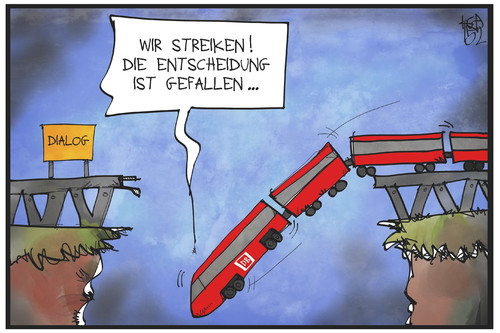 Cartoon: Bahnstreik (medium) by Kostas Koufogiorgos tagged karikatur,koufogiorgos,illustration,cartoon,bahn,streik,zug,abgrund,fall,dialog,tarif,verhandlung,gleis,brücke,arbeitskampf,politik,karikatur,koufogiorgos,illustration,cartoon,bahn,streik,zug,abgrund,fall,dialog,tarif,verhandlung,gleis,brücke,arbeitskampf,politik