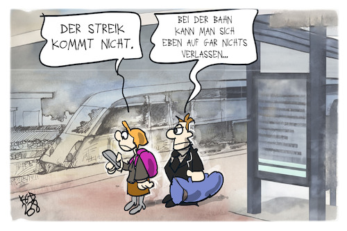 Cartoon: Bahnstreik (medium) by Kostas Koufogiorgos tagged karikatur,koufogiorgos,bahn,streik,evg,bahnhof,gleis,bahnsteig,karikatur,koufogiorgos,bahn,streik,evg,bahnhof,gleis,bahnsteig