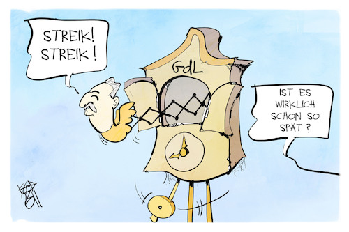 Cartoon: Bahnstreik (medium) by Kostas Koufogiorgos tagged karikatur,koufogiorgos,bahnstreik,gdl,weselsky,uhr,kuckuck,karikatur,koufogiorgos,bahnstreik,gdl,weselsky,uhr,kuckuck