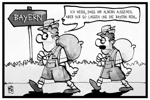 Cartoon: Bayern (medium) by Kostas Koufogiorgos tagged karikatur,koufogiorgos,illustration,cartoon,flüchtlingskrise,bayern,flüchtlinge,lederhose,verkleidung,tarnung,grenze,grenzübertritt,tracht,politik,karikatur,koufogiorgos,illustration,cartoon,flüchtlingskrise,bayern,flüchtlinge,lederhose,verkleidung,tarnung,grenze,grenzübertritt,tracht,politik