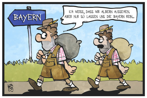 Cartoon: Bayern (medium) by Kostas Koufogiorgos tagged karikatur,koufogiorgos,illustration,cartoon,flüchtlingskrise,bayern,flüchtlinge,lederhose,verkleidung,tarnung,grenze,grenzübertritt,tracht,politik,karikatur,koufogiorgos,illustration,cartoon,flüchtlingskrise,bayern,flüchtlinge,lederhose,verkleidung,tarnung,grenze,grenzübertritt,tracht,politik