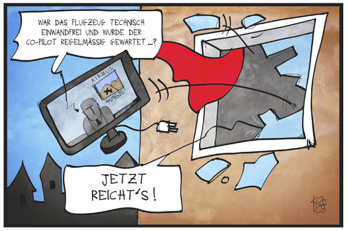 Cartoon: Berichterstattung zu 4U 9525 (medium) by Kostas Koufogiorgos tagged karikatur,koufogiorgos,illustration,cartoon,germanwings,4u9525,flugzeug,pilot,wartung,technik,fernseher,nachrichten,berichterstattung,fenster,spekulation,karikatur,koufogiorgos,illustration,cartoon,germanwings,4u9525,flugzeug,pilot,wartung,technik,fernseher,nachrichten,berichterstattung,fenster,spekulation