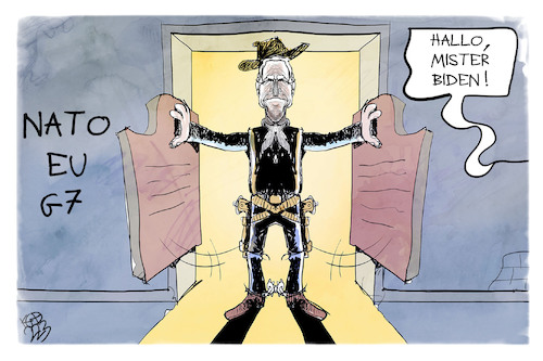 Cartoon: Biden in Europa (medium) by Kostas Koufogiorgos tagged karikatur,koufogiorgos,biden,cowboy,saloon,eu,nato,g7,usa,amerika,karikatur,koufogiorgos,biden,cowboy,saloon,eu,nato,g7,usa,amerika