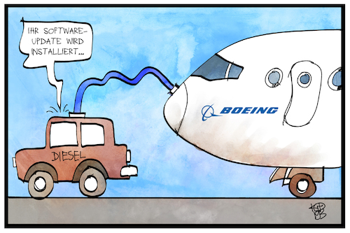 Cartoon: Boeing-Softwareupdate (medium) by Kostas Koufogiorgos tagged karikatur,koufogiorgos,illustration,cartoon,boeing,diesel,software,update,flugzeug,sicherheit,wirtschaft,flugzeugbauer,karikatur,koufogiorgos,illustration,cartoon,boeing,diesel,software,update,flugzeug,sicherheit,wirtschaft,flugzeugbauer