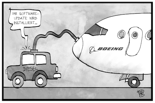 Cartoon: Boeing-Softwareupdate (medium) by Kostas Koufogiorgos tagged karikatur,koufogiorgos,illustration,cartoon,boeing,diesel,software,update,flugzeug,sicherheit,wirtschaft,flugzeugbauer,karikatur,koufogiorgos,illustration,cartoon,boeing,diesel,software,update,flugzeug,sicherheit,wirtschaft,flugzeugbauer