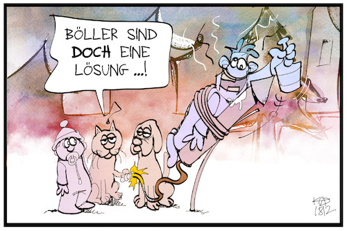 Cartoon: Böller sind die Lösung (medium) by Kostas Koufogiorgos tagged karikatur,koufogiorgos,illustration,cartoon,böller,silvester,feuerwerk,knaller,müll,feinstaub,diesel,umwelt,verschmutzung,luft,angst,tier,kind,katze,hund,rakete,karikatur,koufogiorgos,illustration,cartoon,böller,silvester,feuerwerk,knaller,müll,feinstaub,diesel,umwelt,verschmutzung,luft,angst,tier,kind,katze,hund,rakete