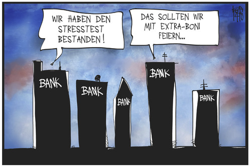 Cartoon: Boni für die Banken (medium) by Kostas Koufogiorgos tagged karikatur,koufogiorgos,illustration,cartoon,stresstest,bank,bonus,banker,skyline,wirtschaft,geld,karikatur,koufogiorgos,illustration,cartoon,stresstest,bank,bonus,banker,skyline,wirtschaft,geld