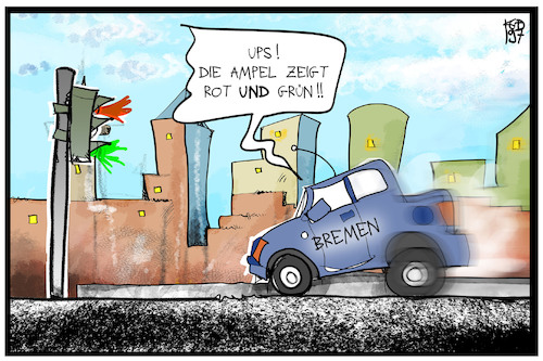 Cartoon: Bremen (medium) by Kostas Koufogiorgos tagged karikatur,koufogiorgos,illustration,cartoon,bremen,rot,grün,ampel,senat,koalition,regierung,auto,stadt,demokratie,karikatur,koufogiorgos,illustration,cartoon,bremen,rot,grün,ampel,senat,koalition,regierung,auto,stadt,demokratie