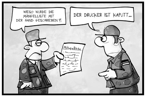 Cartoon: Bundeswehr-Bericht (medium) by Kostas Koufogiorgos tagged karikatur,koufogiorgs,illustration,cartoon,bundeswehr,bericht,mängel,soldat,armee,militär,ausrüstung,karikatur,koufogiorgs,illustration,cartoon,bundeswehr,bericht,mängel,soldat,armee,militär,ausrüstung