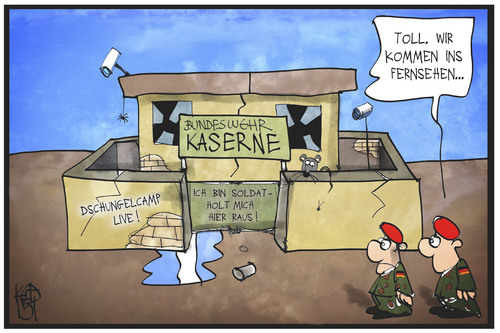 Cartoon: Bundeswehr-Camp (medium) by Kostas Koufogiorgos tagged karikatur,koufogiorgos,illustration,cartoon,bundeswehr,dschungelcamp,tv,fernsehen,soldat,kaserne,zustandsbericht,ekel,sauberkeit,karikatur,koufogiorgos,illustration,cartoon,bundeswehr,dschungelcamp,tv,fernsehen,soldat,kaserne,zustandsbericht,ekel,sauberkeit