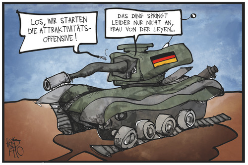 Cartoon: Bundeswehr-Charme-Offensive (medium) by Kostas Koufogiorgos tagged karikatur,koufogiorgos,illustration,cartoon,bundeswehr,rüstungsmängel,soldat,armee,panzer,panne,politik,ausrüstung,offensive,attraktivität,karikatur,koufogiorgos,illustration,cartoon,bundeswehr,rüstungsmängel,soldat,armee,panzer,panne,politik,ausrüstung,offensive,attraktivität