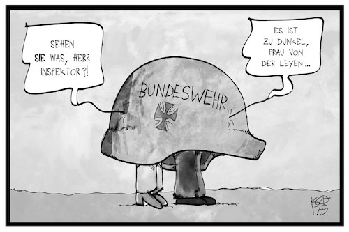 Cartoon: Bundeswehr-Skandal (medium) by Kostas Koufogiorgos tagged karikatur,koufogiorgos,illustration,cartoon,von,der,leyen,inspektor,bundeswehr,helm,dunkelheit,aufklärung,skandal,karikatur,koufogiorgos,illustration,cartoon,von,der,leyen,inspektor,bundeswehr,helm,dunkelheit,aufklärung,skandal