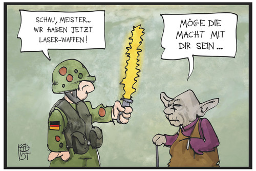 Cartoon: Bundeswehr (medium) by Kostas Koufogiorgos tagged karikatur,koufogiorgos,illustration,cartoon,yoda,yedi,soldat,bundeswehr,film,zitat,star,wars,laser,waffe,rüstung,militär,ausbildung,karikatur,koufogiorgos,illustration,cartoon,yoda,yedi,soldat,bundeswehr,film,zitat,star,wars,laser,waffe,rüstung,militär,ausbildung