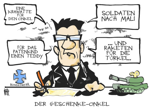 Cartoon: Bundeswehr in die Türkei (medium) by Kostas Koufogiorgos tagged bundeswehr,de,maiziere,geschenk,türkei,mali,einsatz,krieg,nato,rakete,soldaten,karikatur,kostas,koufogiorgos,bundeswehr,de,maiziere,geschenk,türkei,mali,einsatz,krieg,nato,rakete,soldaten,karikatur,kostas,koufogiorgos